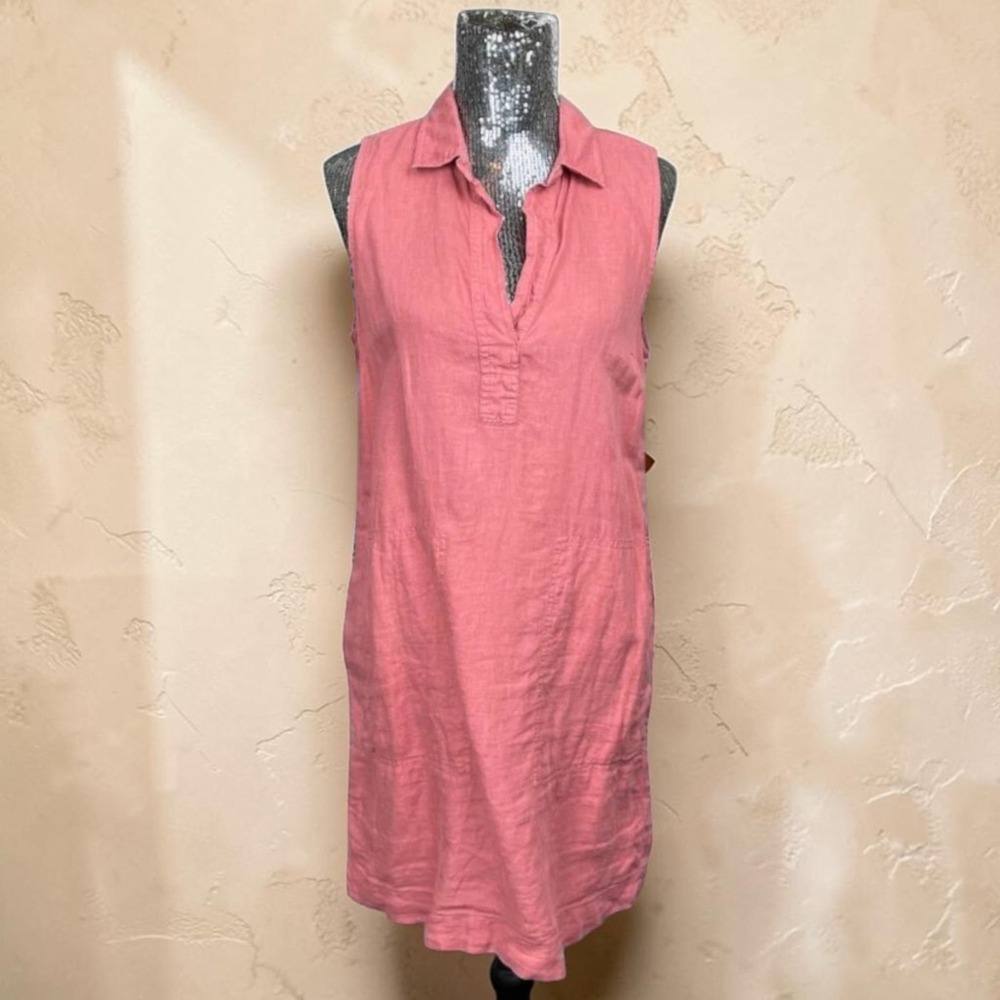 Linen Shift Dress Sleeveless Coastal Beach Midi Coral Casual Vacation Small